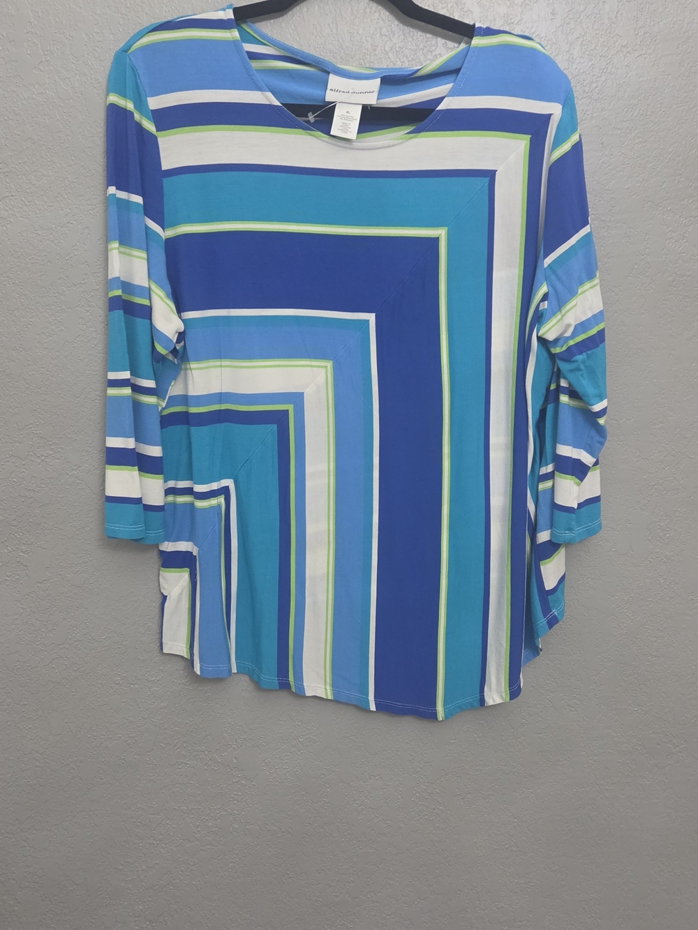Alfred Dunner Blue Teal White Striped Scoop Neck Long Sleeve Top